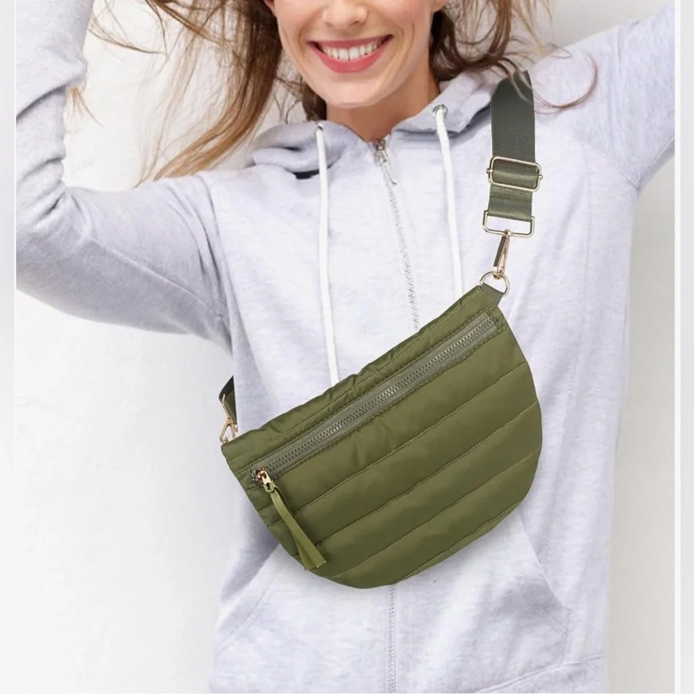 NWOT Puffer Olive Green Quilted Crossbody Bag Adjustable/Interchangeable Strap - Picture 9 of 12